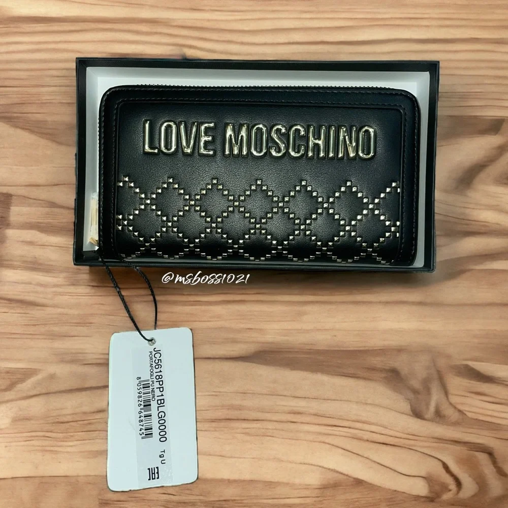 Love Moschino Black Italian Leather Studded Zip Around Wallet NWT